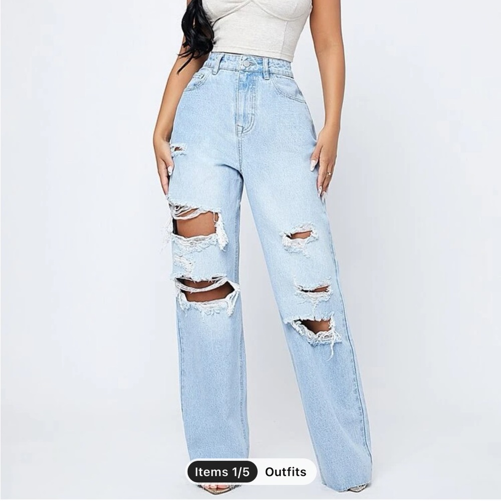 Ripped Fringe Detail Wide Leg Jeans
